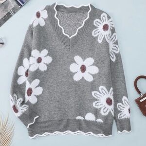 Gray V-Neck Sweater with Floral Pattern and Soft Texture